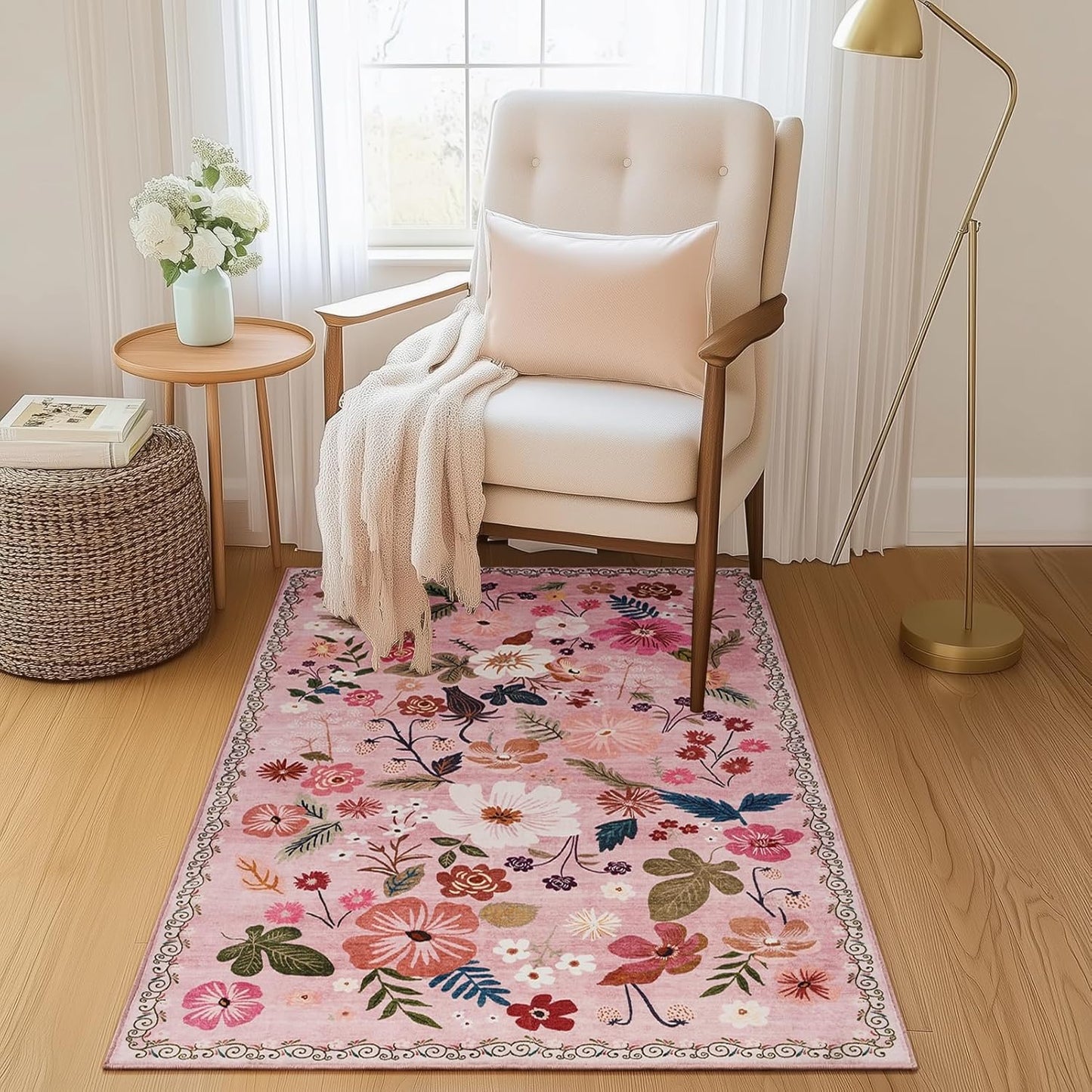 Pink Rugs for Bedroom Girls Machine Washable Area Rugs 3x5 Non Slip Low Pile Boho Floral Small Carpet for Nursery Living Room Bedroom Entryway Kids Playroom Office College Dorm Home Decor