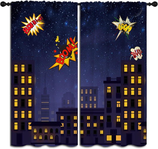 Super Hero Rod Pocket Blackout Curtains for Boy Girl Bedroom, Exploding City Starry Cartoon Skyline Thermal Insulated Home Window Drapes for Living Room Darkening, 84x72 inch