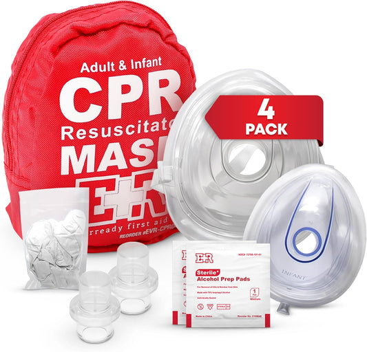 Adult and Infant CPR Mask Combo Kit – 4-Pack – 8 Valves, 4 Gloves, 8 Alcohol Pads – Latex-Free, Portable Pouch for First Responders