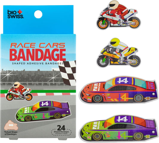 BioSwiss Bandages, Race Cars Shaped Self Adhesive Bandage, Latex Free Sterile Wound Care, Fun First Aid Kit Supplies for Kids and Adults, 24 Count