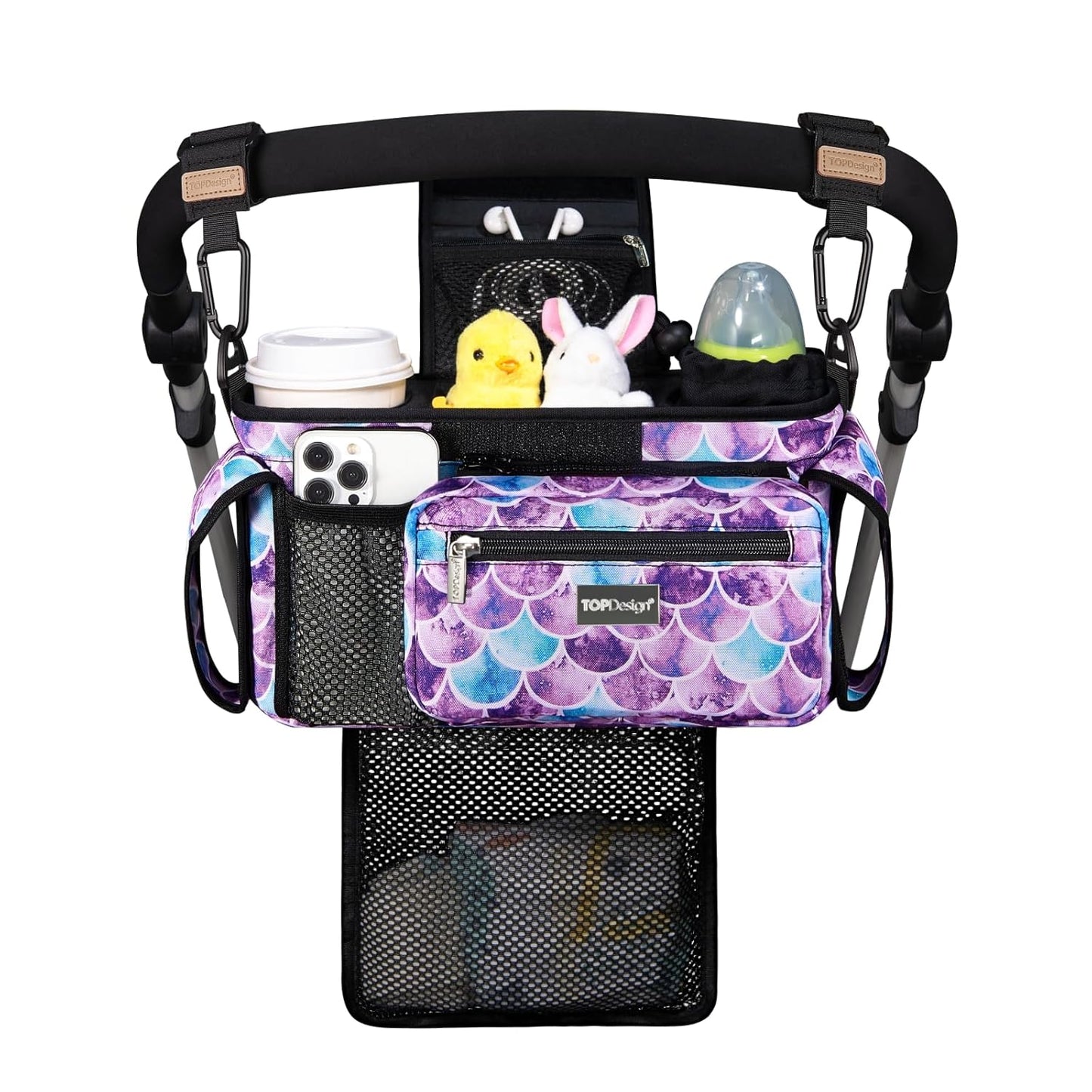 TOPDesign Universal Baby Stroller Organizer, Stroller Caddy with Detachable Mesh Bag & Heightened Insulated Cup Holders & Non-Slip Secure Hooks Accessories, Fits Most Strollers (Mermaid)