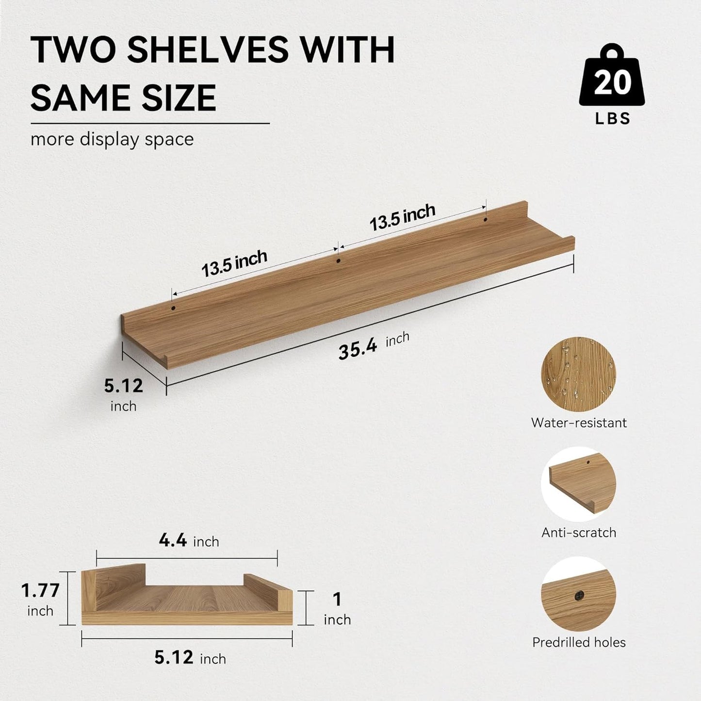 35.3 Inches Long Floating Shelves, 2 Set Rustic Wall Shelf for Bedroom, Nursery Book Shelf with Lip, Picture Ledge Shelf for Wall Decor Living Room Bathroom Kitchen - Oak