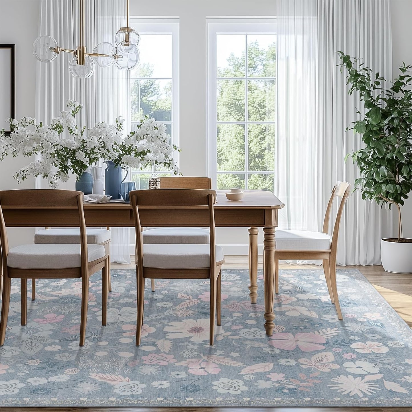 Blue 5x7 Area Rugs for Living Room Washable Soft Faux Fur Elegant Vintage Rugs Boho Floral Non Slip Stain Resistant Sound Absorbing Low Pile Carpet Rug for Bedroom Dining Room Nursery