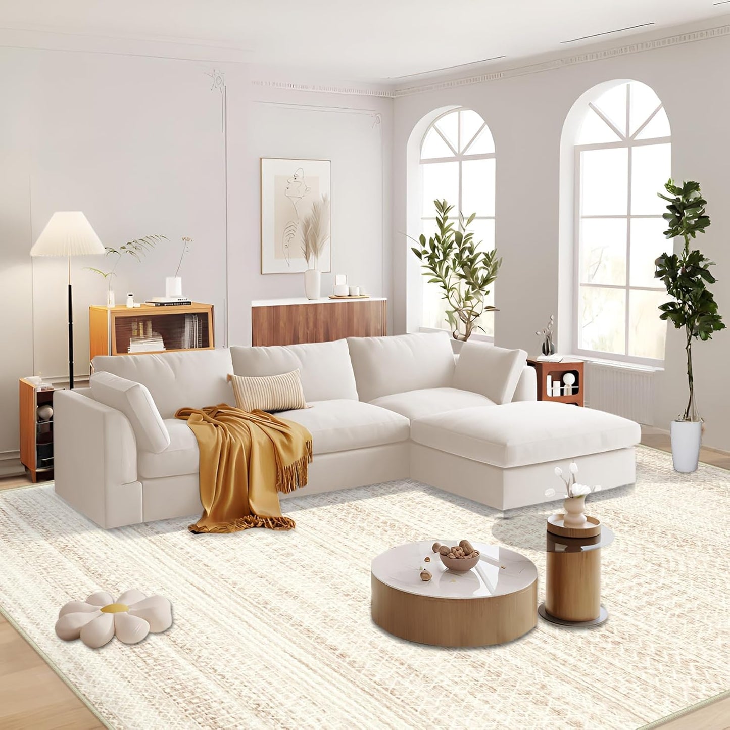 Large Living Room Area Rug 8x10, Machine Washable Vintage Boho Moroccan Rugs Geometric Neutral Rug Non-Shedding Low Pile Distressed Farmhouse Carpet for Bedroom Dining Table Office(8'x10',Ivory Beige)