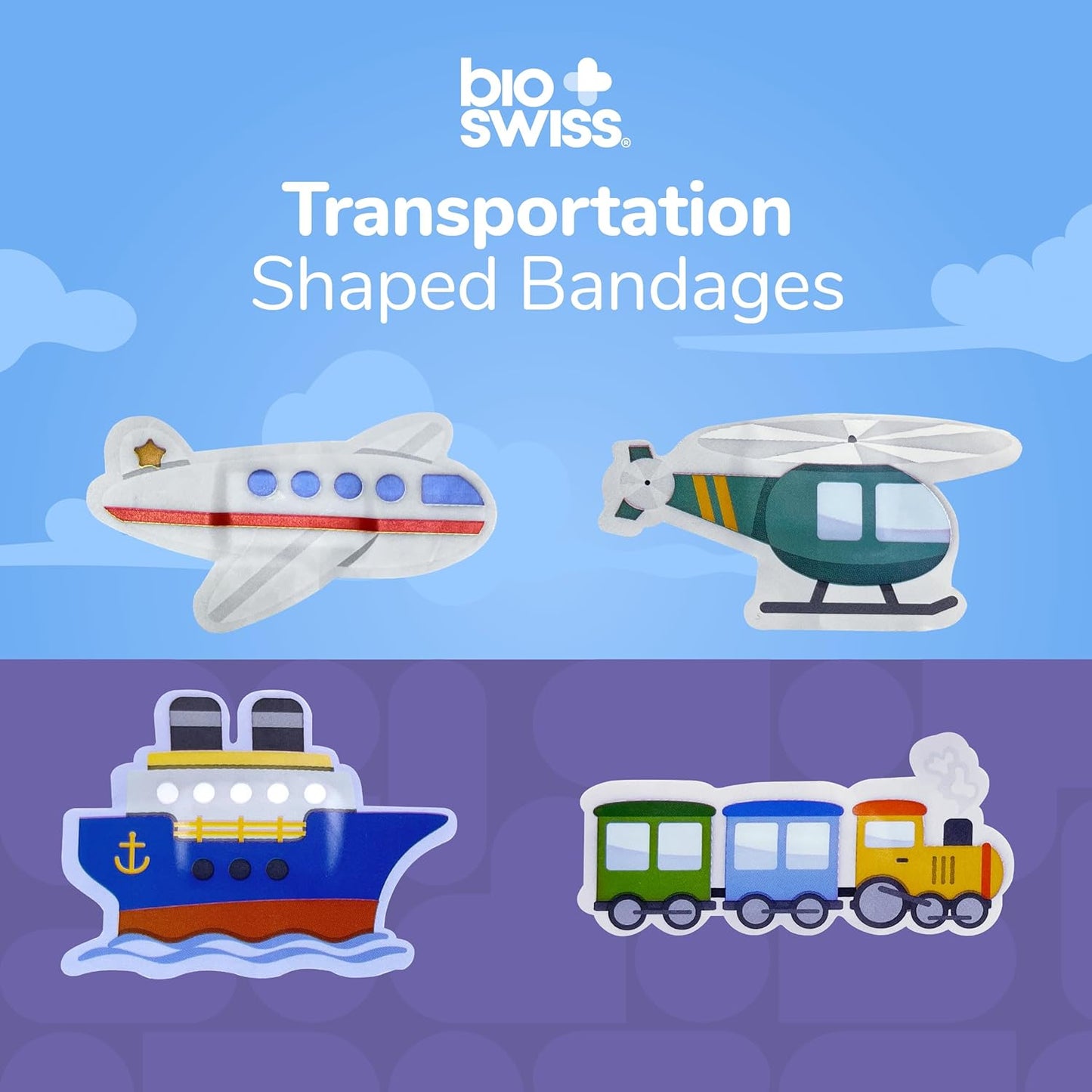 BioSwiss Bandages, Transportation Shaped Self Adhesive Bandage, Latex Free Sterile Wound Care, Fun First Aid Kit Supplies for Kids and Adults, 24 Count