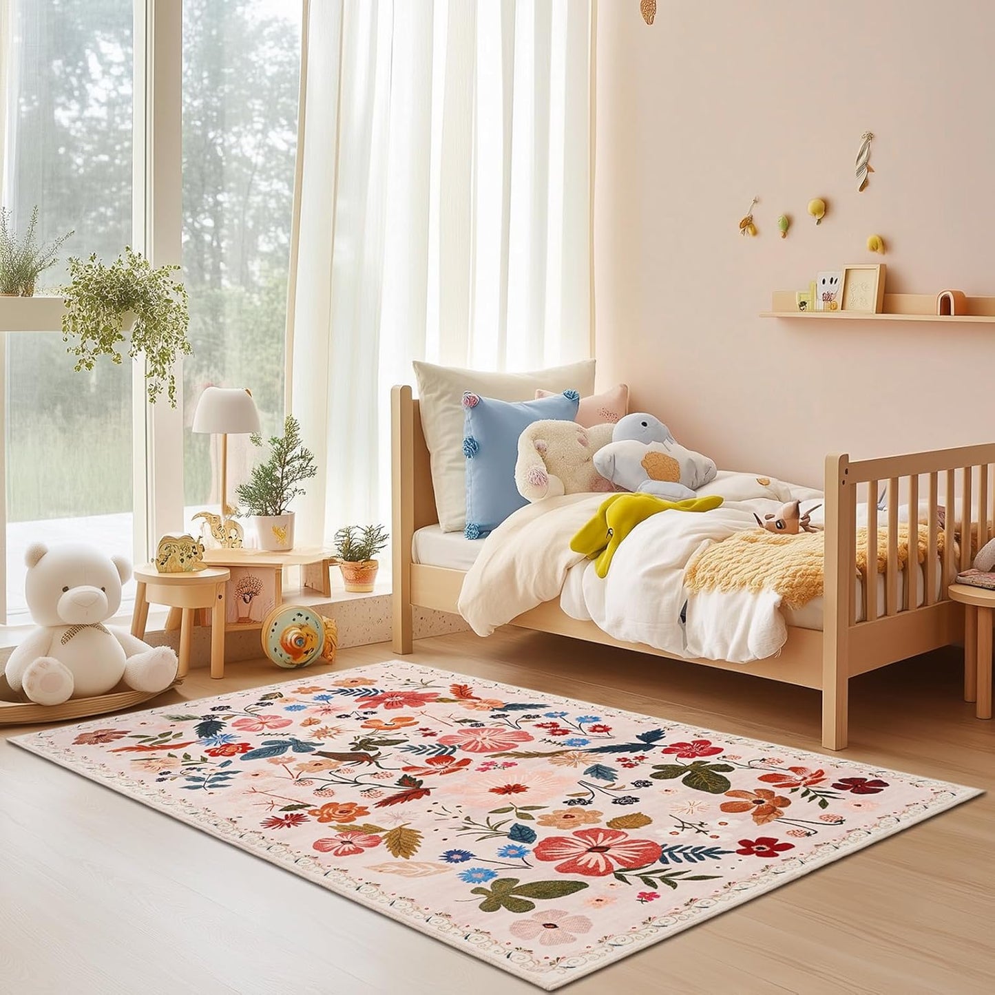 Beige 3x5 Area Rugs for Bedside Machine Washable Boho Floral Small Carpet Rugs Soft Non-Slip Low Pile Faux Fur Cream Farmhouse Aesthetic Rug for Living Room Entrance Bedroom Patio Office