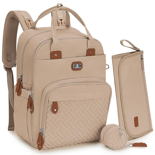 Dikaslon Diaper Bag Backpack with Portable Changing Pad, Pacifier Case and Stroller Straps, Large Unisex Baby Bags for Boys Girls, Multipurpose Travel Back Pack for Moms Dads, Milk Tea Khaki