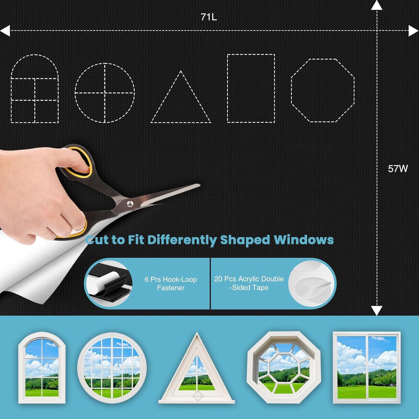 100% Blackout Curtains for Bedroom, 71" x 57" Portable DIY Blackout Blinds with Hook & Loop Tabs Stick-On, Temporary Blackout Shades No Drill, Privacy Pleated Window Shades for Baby Travelers Bedroom