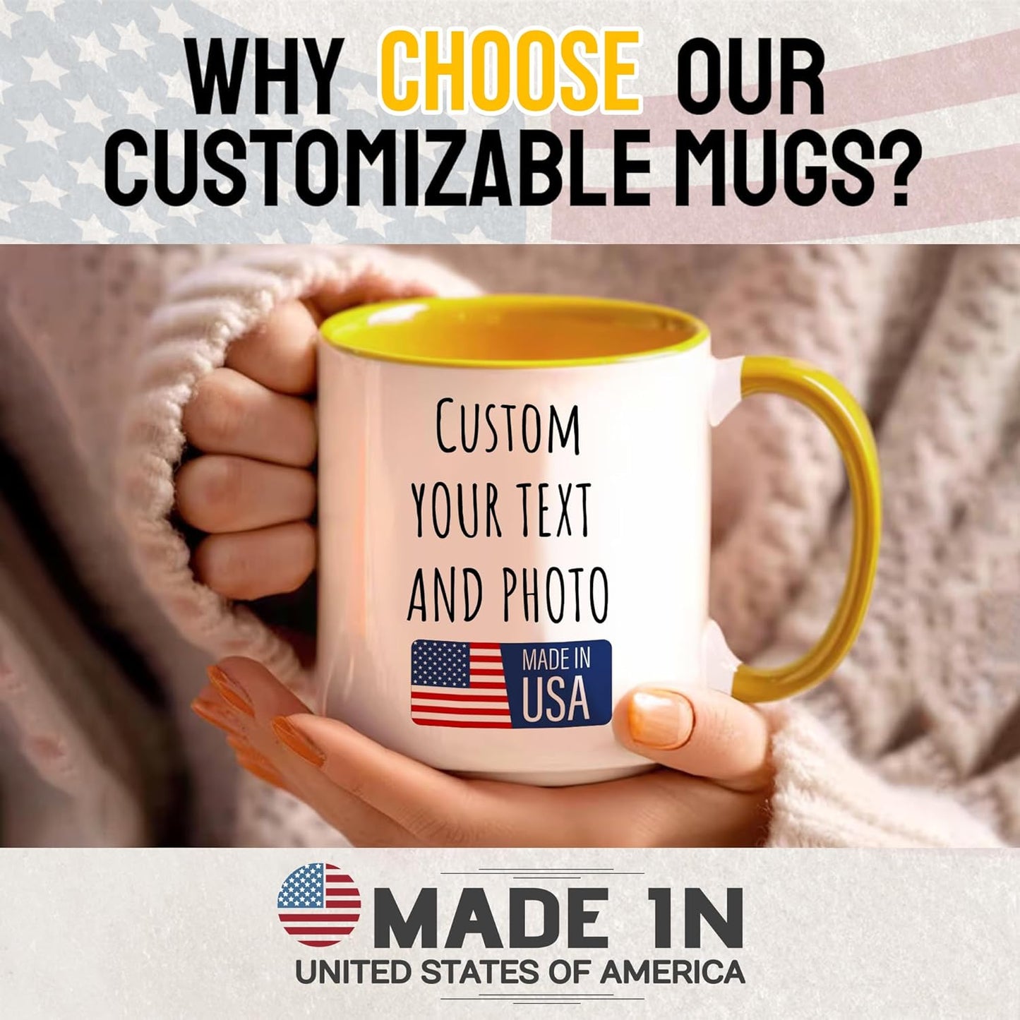 Custom Mug Upload Your Picture Personalized Coffee Mug with Photo Text Name Customized Cup Unique Ideas Gifts for Men Women Mom Dad Girlfriend Boyfriend Friend Family (Yellow, 15oz)