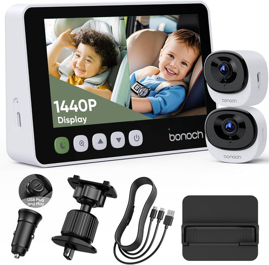 bonoch 5" 1440P Baby Car Camera for 2 Kids - 360° Rotating Adjustable Wide View Dual Cameras, Split Screen Night Vision Baby Monitor, Easy Install Rear Facing Backseat Mirror, USB Powered with Charger