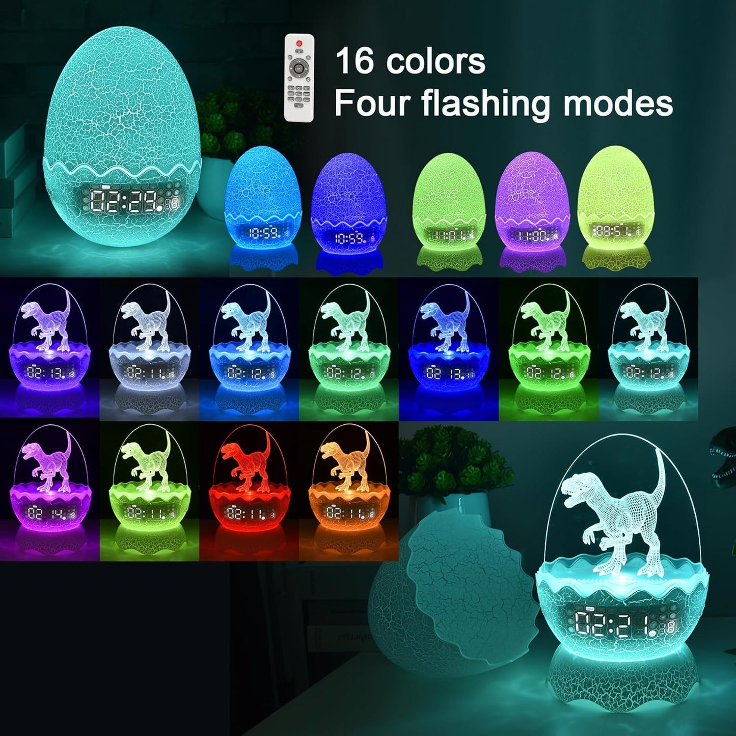 Dinosaur Night Light for Kids with Alarm Clock White Noise Bluetooth Speaker, Dinosaur Toys 16 Colors LED Decor Light with Remote Control &Timer, Dinosaur Gifts Birthday Xmas Gift for Boys/Girls/Kids…