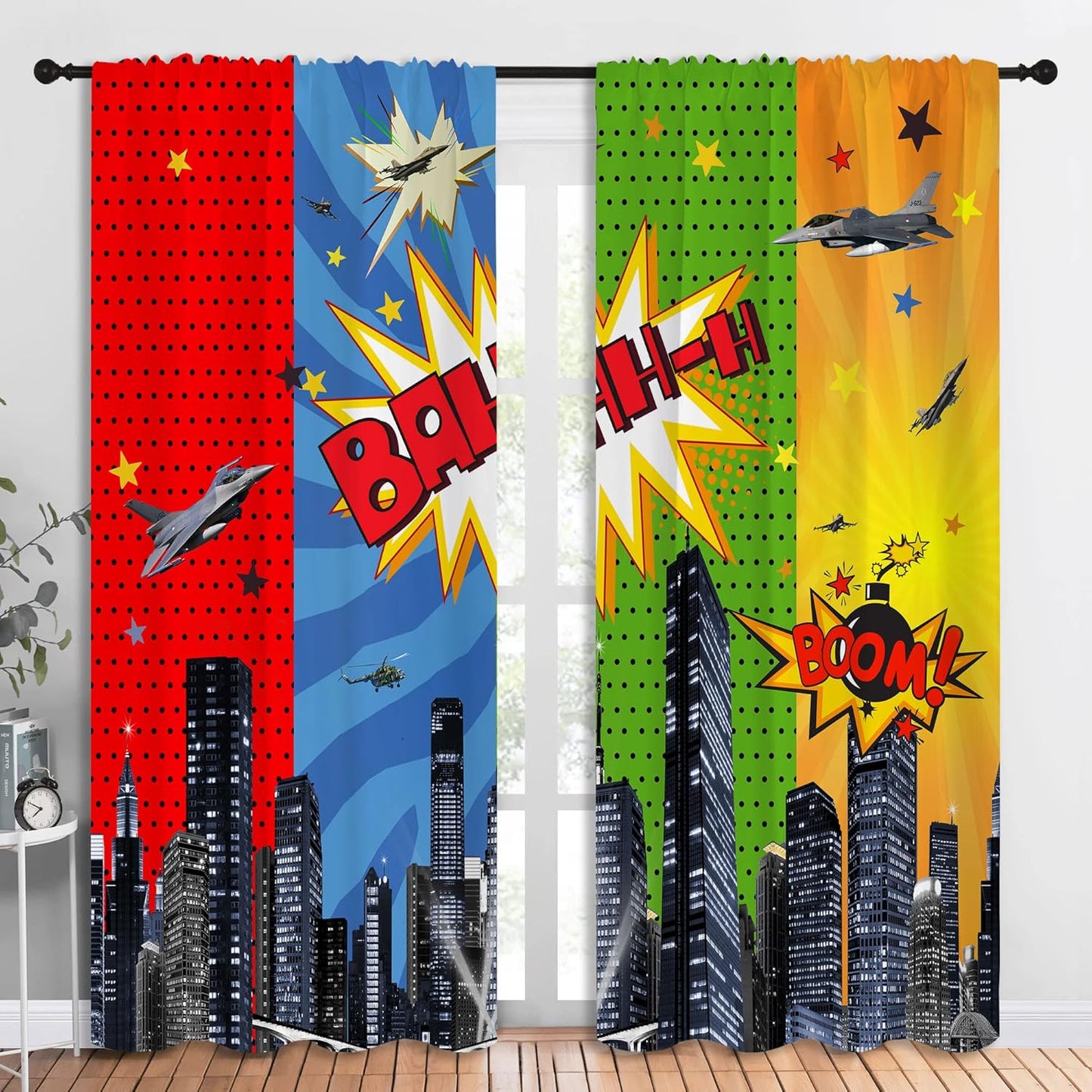 Superhero Rod Pocket Blackout Curtains for Boy Girl Bedroom, City War Explosion Comics Art Home Energy Efficient Light Filtering Window Curtain for Living Room, 84x84 inch