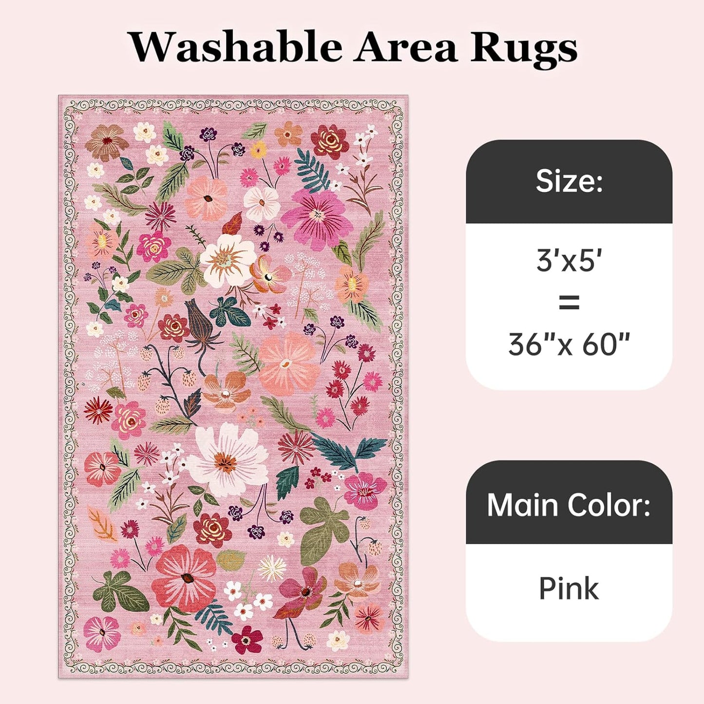 Pink Rugs for Bedroom Girls Machine Washable Area Rugs 3x5 Non Slip Low Pile Boho Floral Small Carpet for Nursery Living Room Bedroom Entryway Kids Playroom Office College Dorm Home Decor