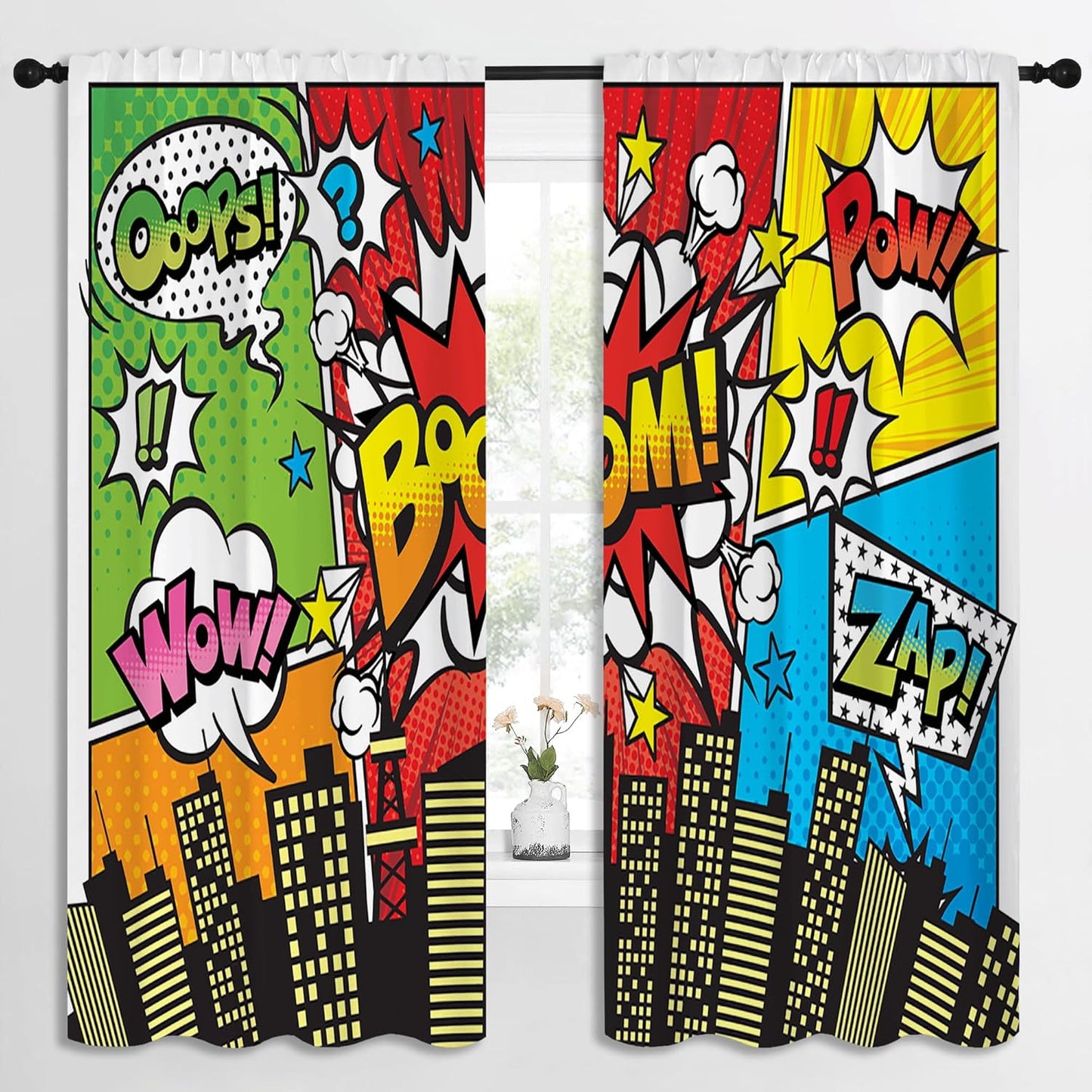 Superhero City Wars Explosion Rod Pocket Blackout Curtains for Boy Girl Bedroom, Colorful Comics Ar Thermal Insulated Home Window Drapes for Living Room Darkening, 72x63 inch