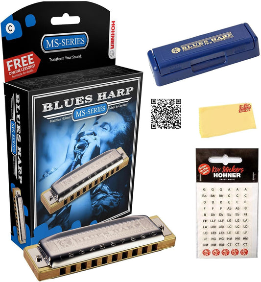 Hohner Harmonica 532 Blues Harp MS - Key of F Bundle with Key Stickers, Harmonica Beginner Manual, and Austin Bazaar Polishing Cloth - Key of F