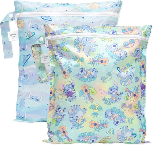 Bumkins - Waterproof Wet Bag - For Baby, Travel, Swim Suit, Cloth Diapers, Pump Parts, Pool, Gym, Toiletry, Strap to Stroller - Reusable & Easy to Clean - 2pk - Disney Stitch