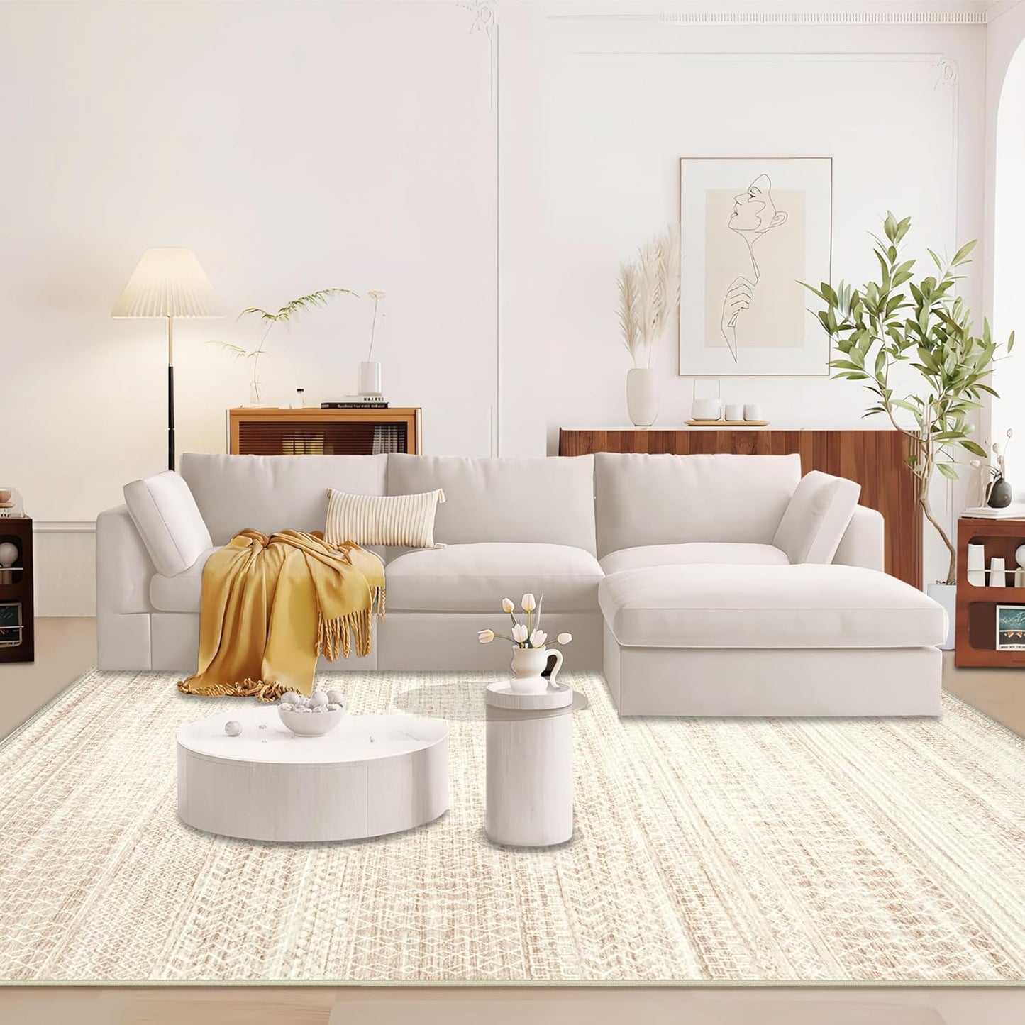 Moroccan Large Area Rug 5x7 - Soft Machine Washable Geometric Boho Distressed Farmhouse Rug Morden Stain Resistant Indoor Floor Carpet for Bedroom Dining Table Nursery Home Office(5'x7',Ivory Beige)