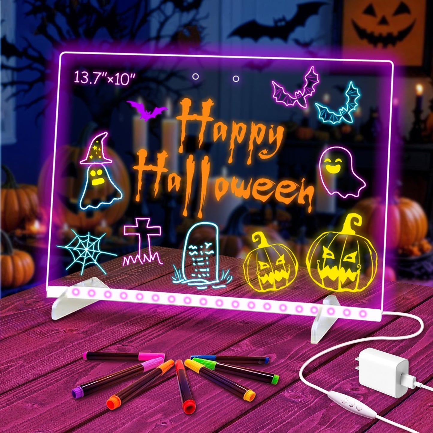 Led Dry Erase Board with Stand for Kids, Led Note Board with Colors Light Up Drawing Board 13.7"X10" Acrylic Message Board Dry Erase Led Notepad Illuminated Board with 7 Color Markers for Gifts Toys