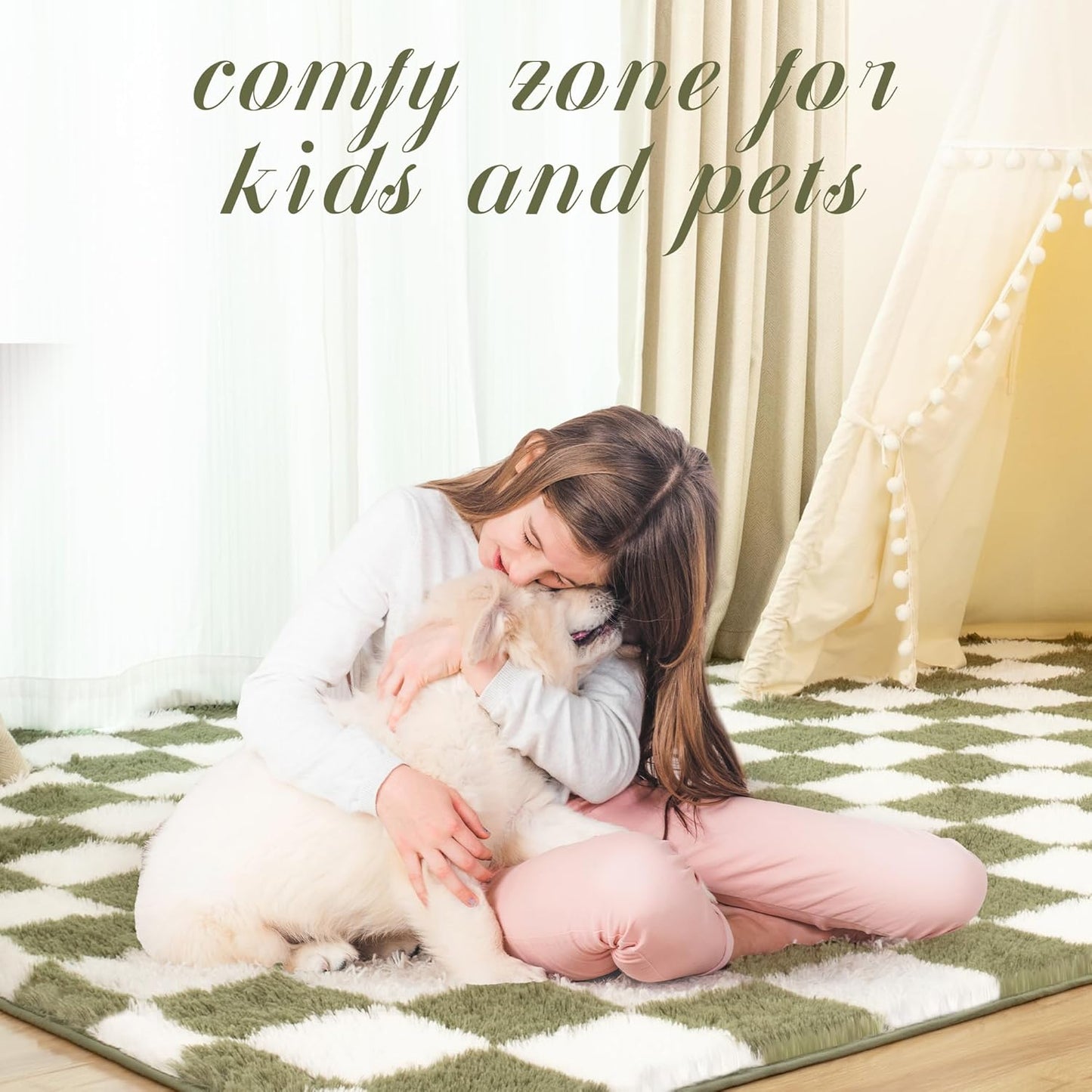 Super Soft Rug for Bedroom, 5x7 Ft Green and White Area Rug Classic Checkered Shaggy Anti-Skid High Pile Soft Fluffy Rug Fuzzy Carpet for Living Room Bedroom Kids Room Nursery, Dorm Home Decor