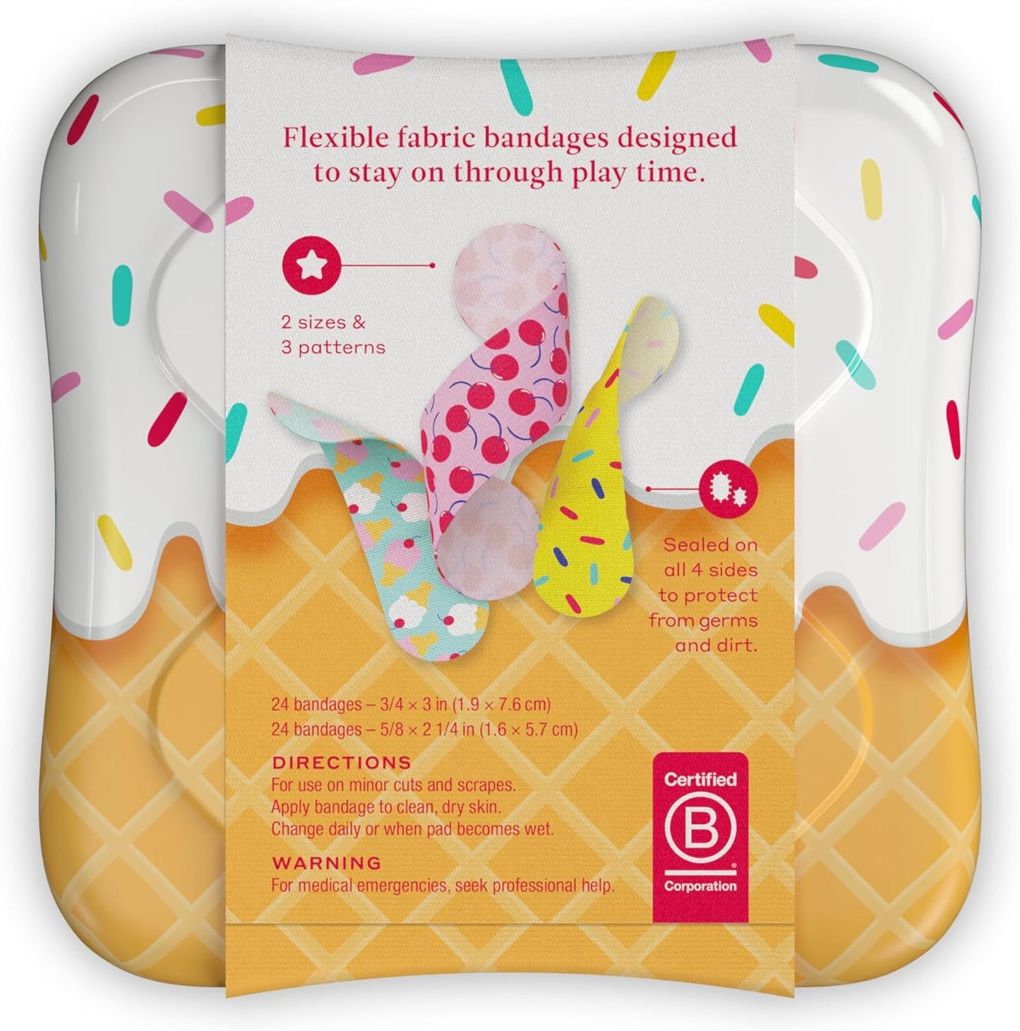 Welly Bandages | Adhesive Flexible Fabric Bravery Badges | Assorted Shapes for Minor Cuts, Scrapes, and Wounds | Colorful and Fun First Aid Tin | Ice Cream Patterns - 48 Count