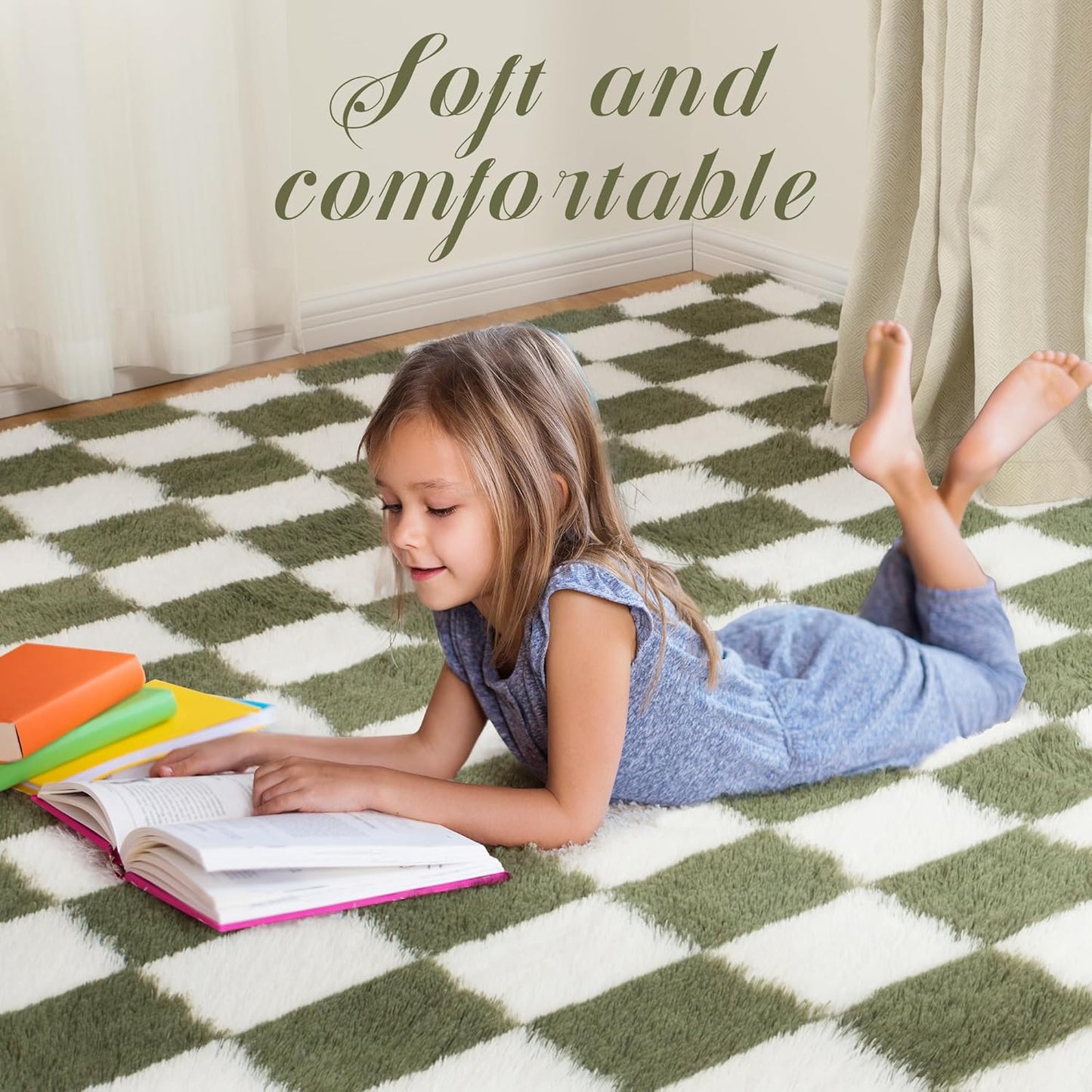 Super Soft Rug for Bedroom, 5x7 Ft Green and White Area Rug Classic Checkered Shaggy Anti-Skid High Pile Soft Fluffy Rug Fuzzy Carpet for Living Room Bedroom Kids Room Nursery, Dorm Home Decor