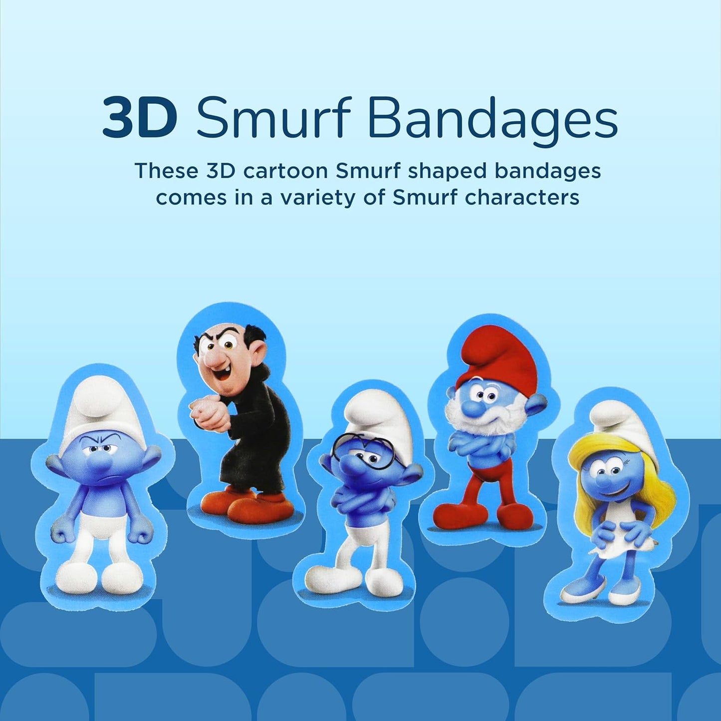 BioSwiss Bandages, The Smurfs in 3D Shaped Self Adhesive Bandage, Latex Free Sterile Wound Care, Fun First Aid Kit Supplies for Kids and Adults, 50 Count Plastic Case