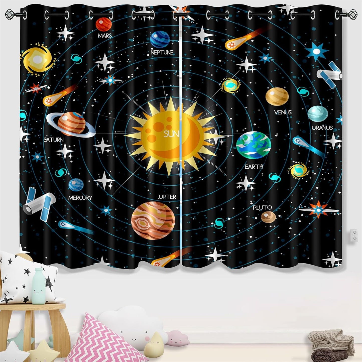 Solar System Curtain Panels - 2Pcs 82" x 63" 95% Blackout Outer Space Curtains for Boys Bedroom Grommet Room Darkening Galaxy Planets Themed Curtains for Living Room