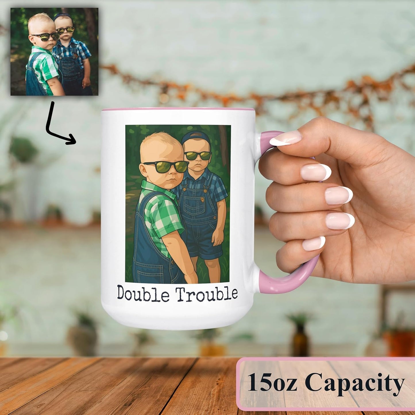 Personalized Coffee Mug, Custom Drawing Portrait Gift, Funny Customized Coffee Gift for Men & Women, Custom Mugs with Pictures, Pink 15oz Customized Ceramic Tea Cup
