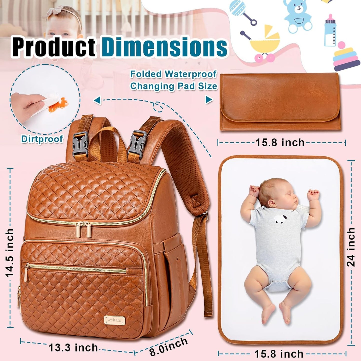 Weitars Diaper Bag Backpack Leather Baby Diaper Bag with Changing Pad Travel Diaper Backpack,Baby Bag for Mom,Stroller Straps,5 Insulated Pockets (Brown Leather)