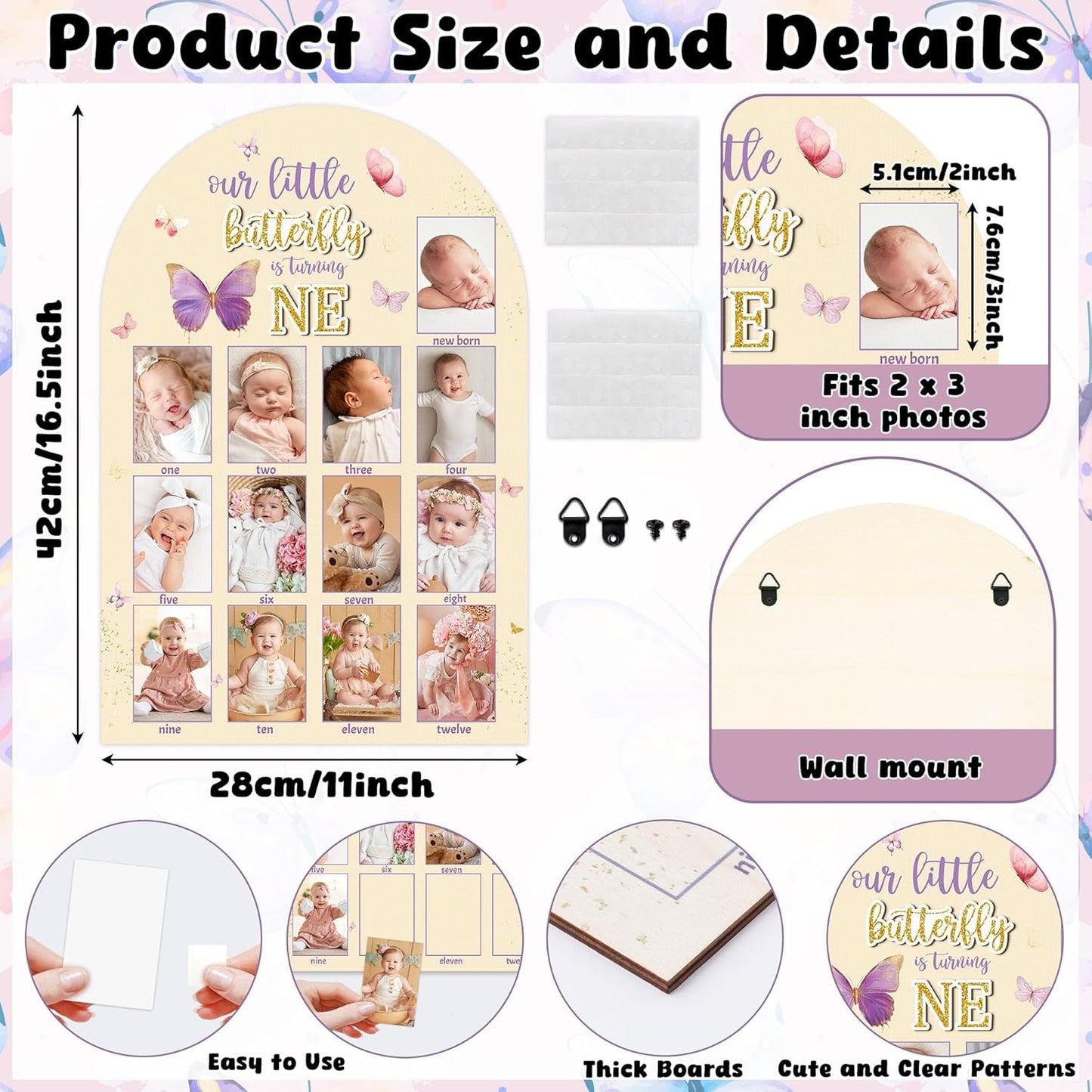 R HORSE My First Year Photo Display Wood Board - 3D Pink Purple Butterfly Baby's First Year Picture Frame, 12 Months Milestone Board Neutral Baby Keepsake Gift 1st Birthday Nursery Decor for Girl