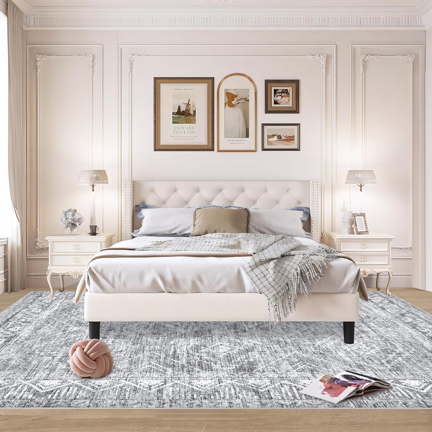 Large Living Room Area Rug 8x10 - Machine Washable Vintage Boho Moroccan Rugs Geometric Neutral Rug Non-Shedding Low Pile Distressed Farmhouse Carpet for Bedroom Nursery Classroom Dorm (8 x 10, Grey)