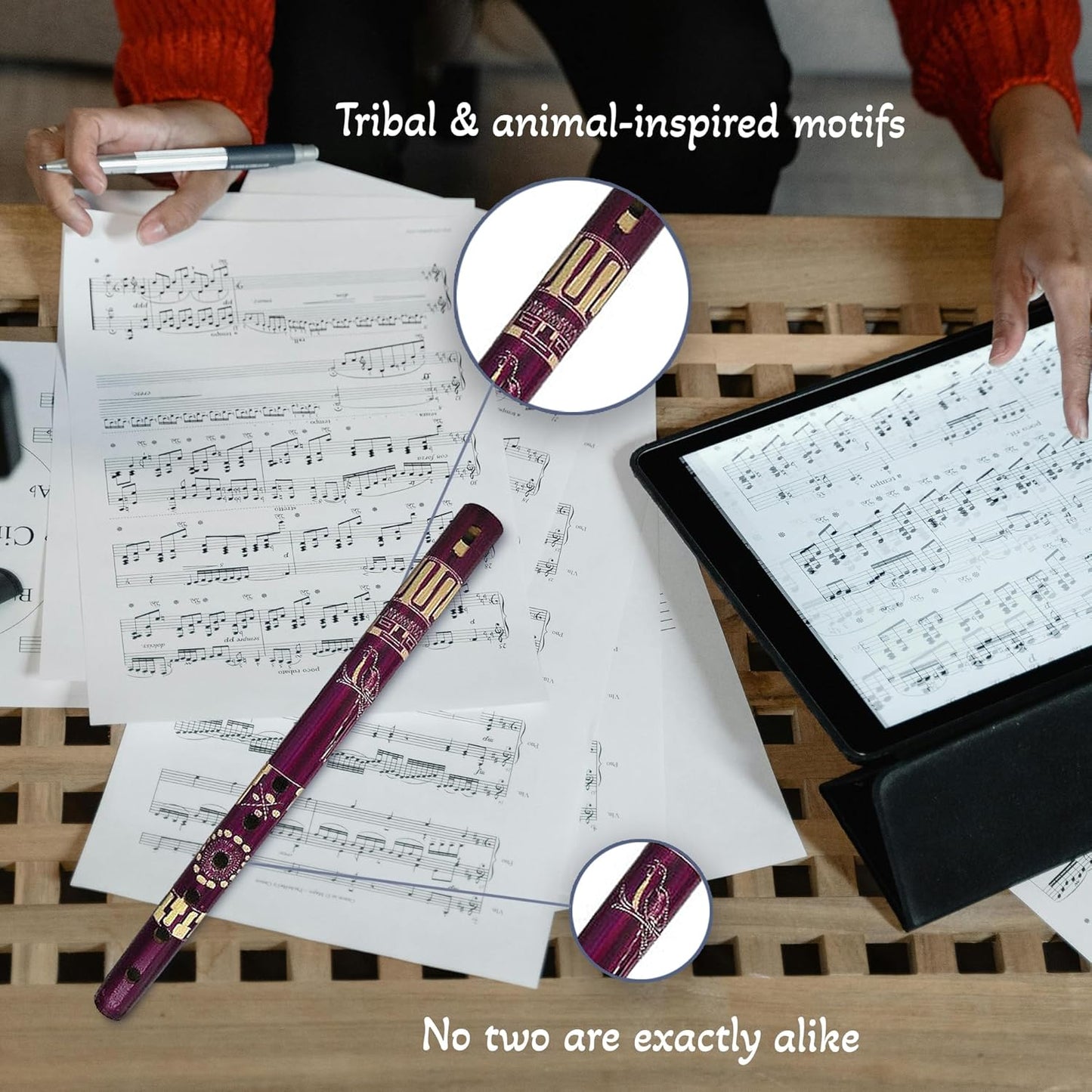 Mia Jewel Shop - Handmade Colored Bamboo Wooden Flute | Tribal Nature Pattern | Native Recorder for Beginners, Meditation & Music Lovers (Purple)