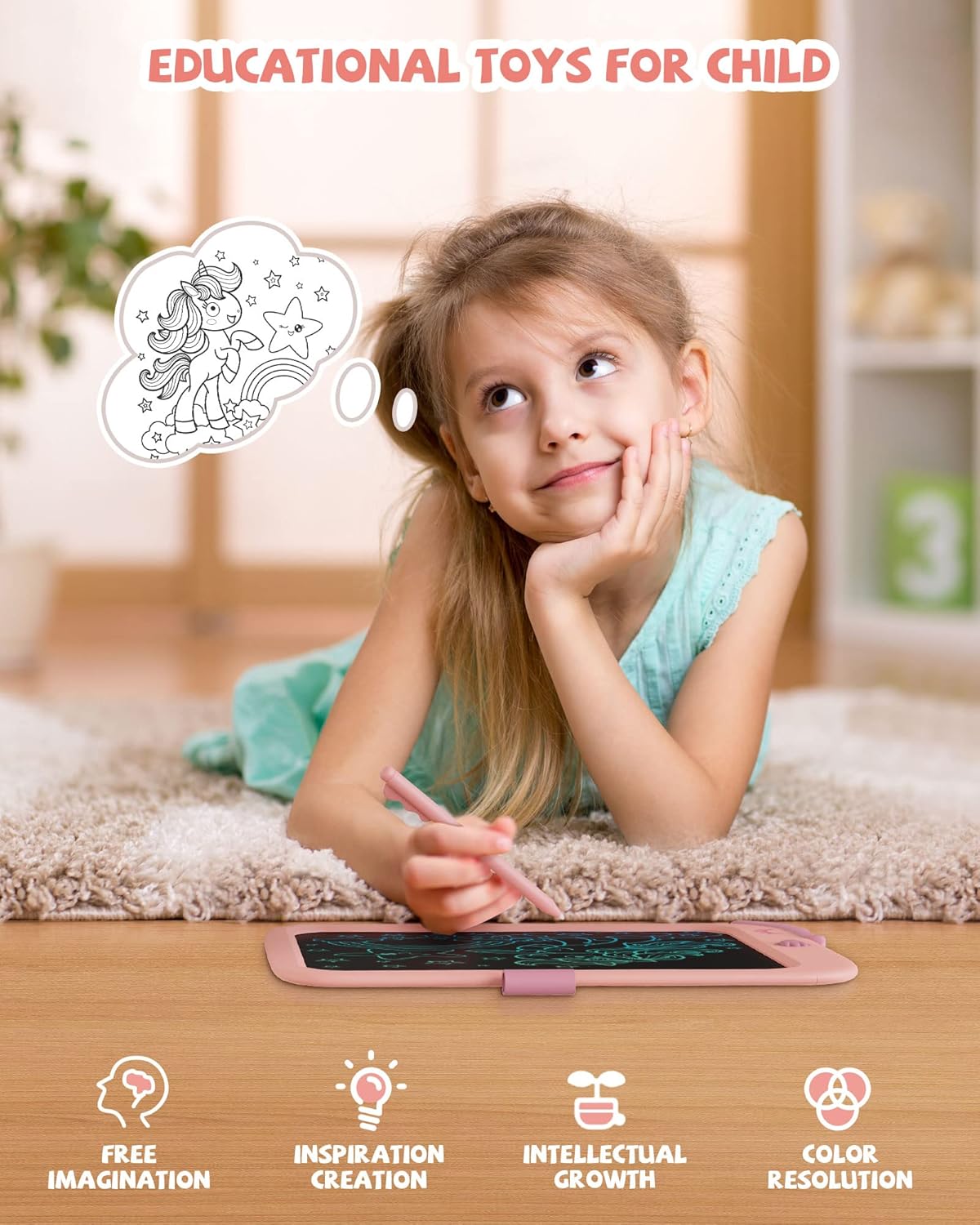 Kikapabi 10 Inch LCD Writing Tablet for Kids - Colorful Drawing Pad for Girls Aged 3-9 | Unicorn Toddler Travel Toys, Christmas Birthday Gift for Girls & Boys (Pink)