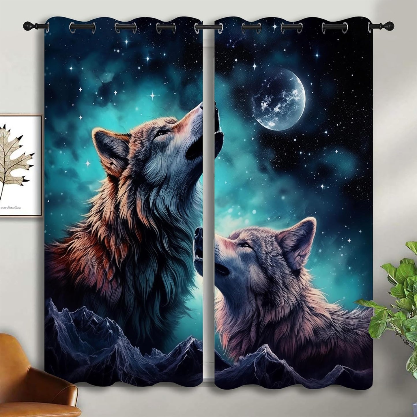 Wolf Blackout Curtains for Boys Girl Bedroom Decor,Starry Sky Howling Wolf Under The Full Moon Thermal Insulated Grommet Drapes Darkening Window Curtain for Living Room Home 42x63 inch