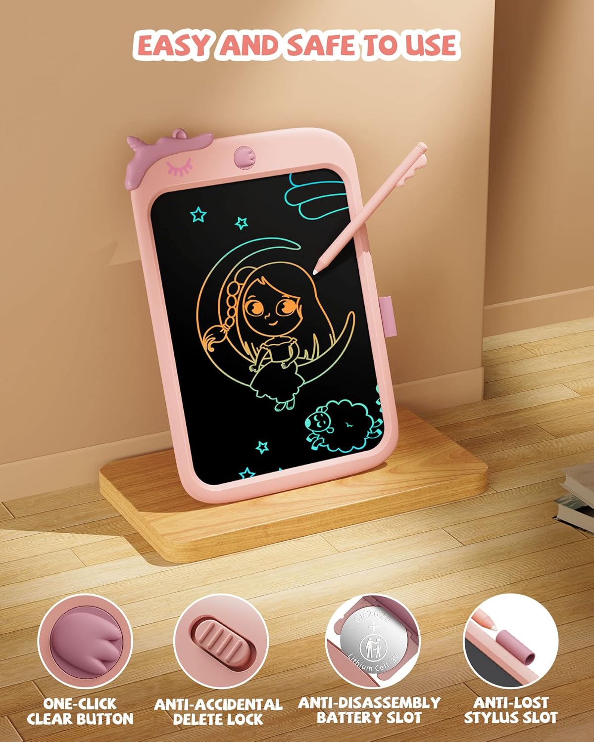 Kikapabi 10 Inch LCD Writing Tablet for Kids - Colorful Drawing Pad for Girls Aged 3-9 | Unicorn Toddler Travel Toys, Christmas Birthday Gift for Girls & Boys (Pink)