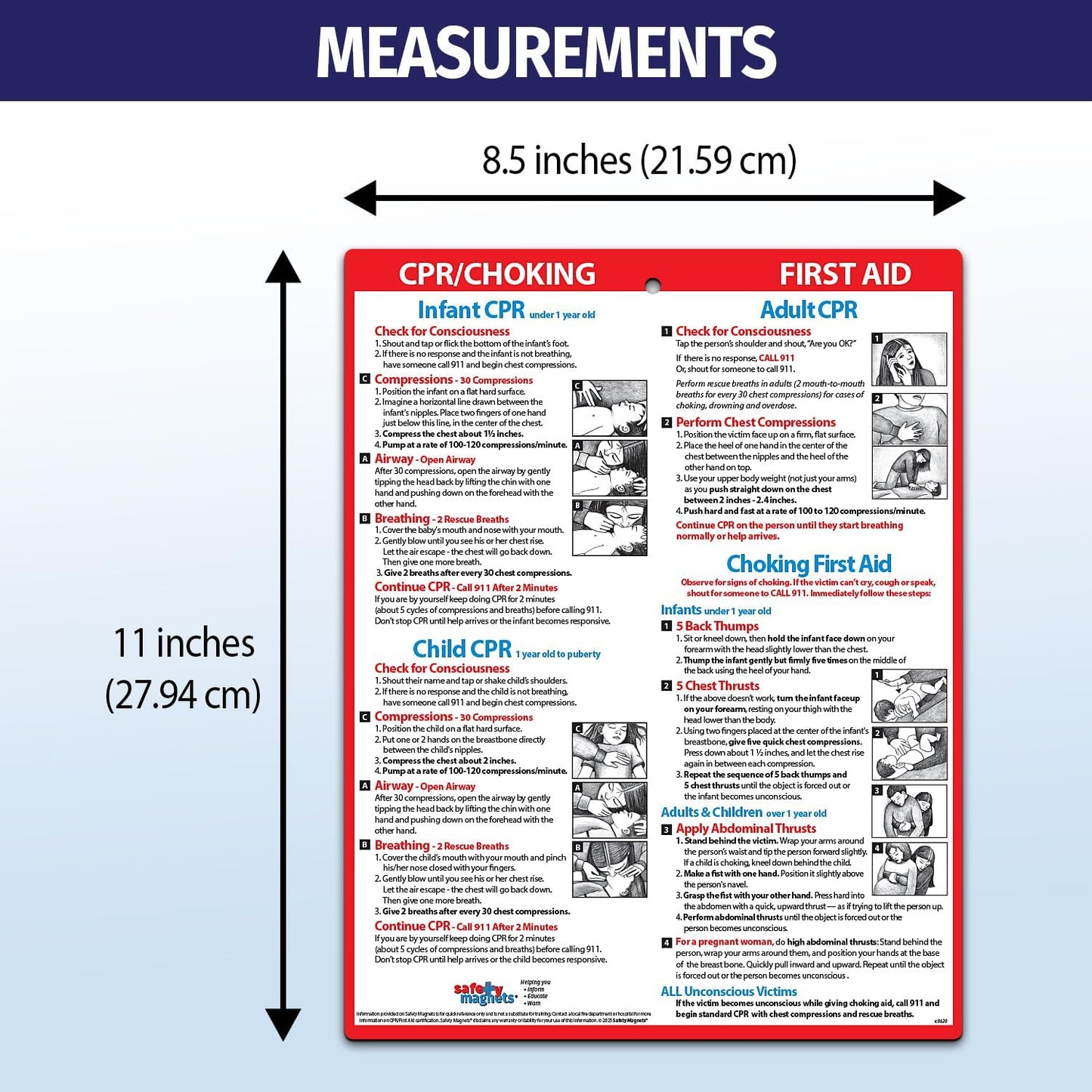 Safety Magnets by ZOCO – CPR & Choking Fridge Magnet (10-Pack) – First Aid Instructions for Infants, Children, & Adults – Heimlich Maneuver Laminated Card 8.5" x 11"