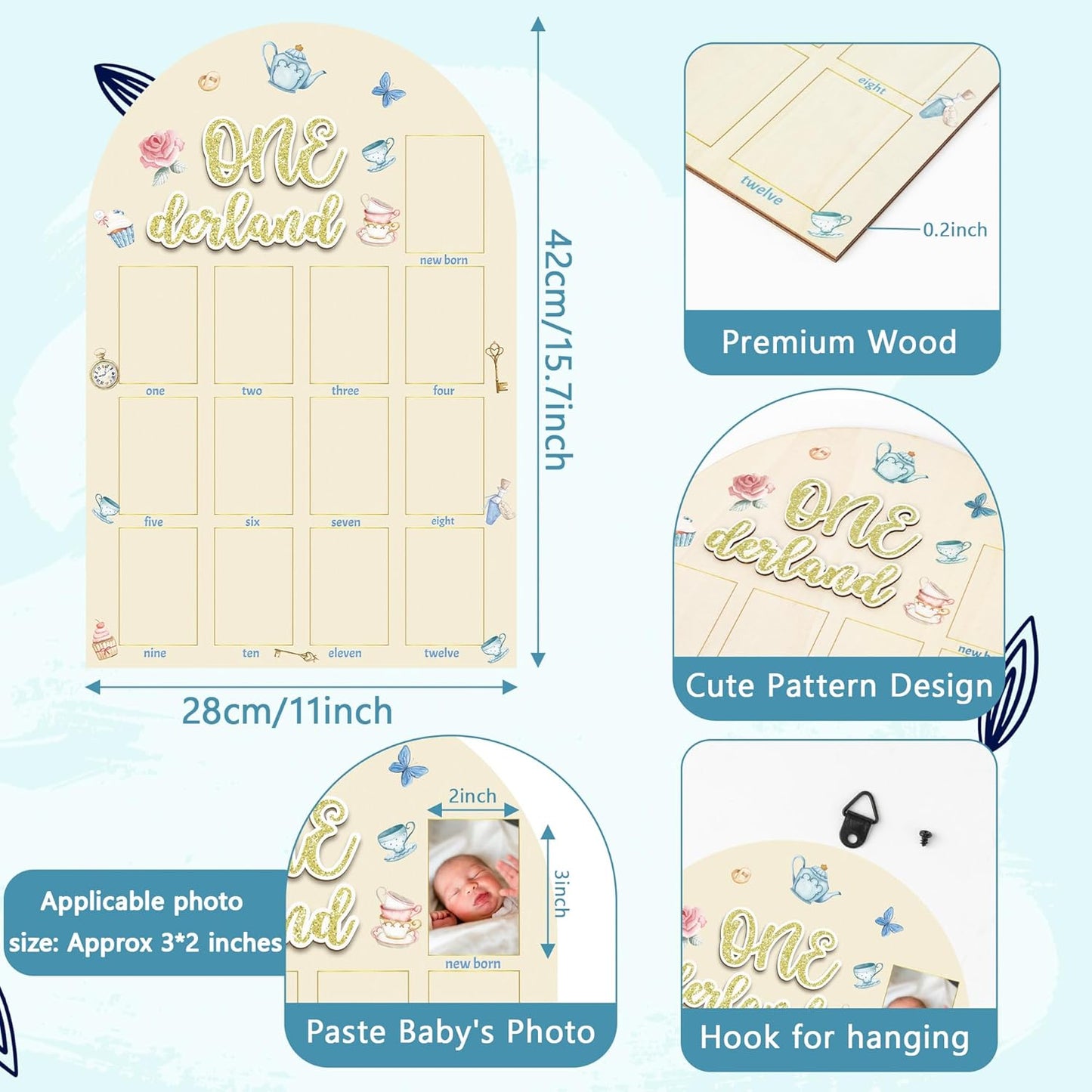 R HORSE My First Year Photo Frame Board, 3D Onederland Tea Party Birthday Decorations Display Wood Board, Baby First Year Picture Frame 12 Months Milestone 1st Birthday Nursery Decor Gift for Girl