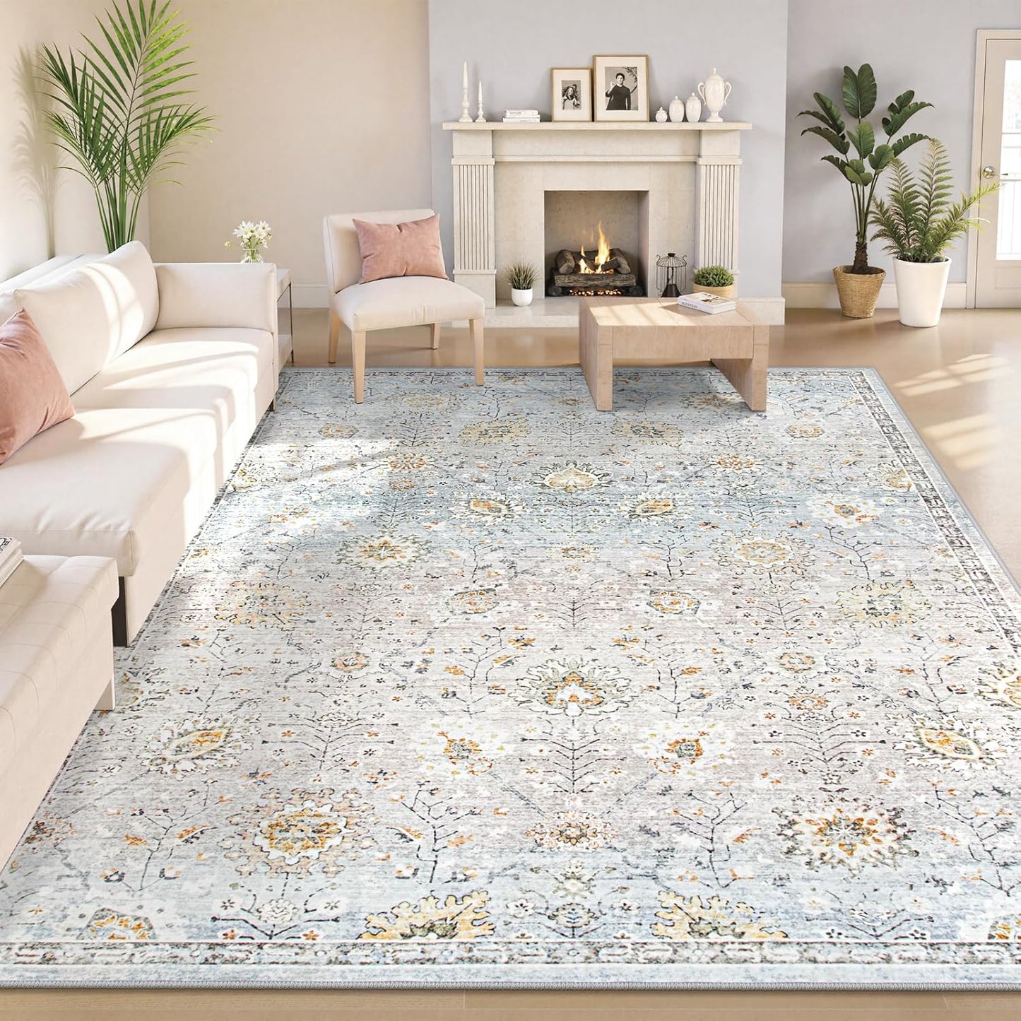 Lahome Boho Light Blue Area Rug 8x10 for Living Room, Soft Floral Rugs for Bedroom Aesthetic, Washable Floor Carpet Non Slip Indoor for Dining Room Home Decor