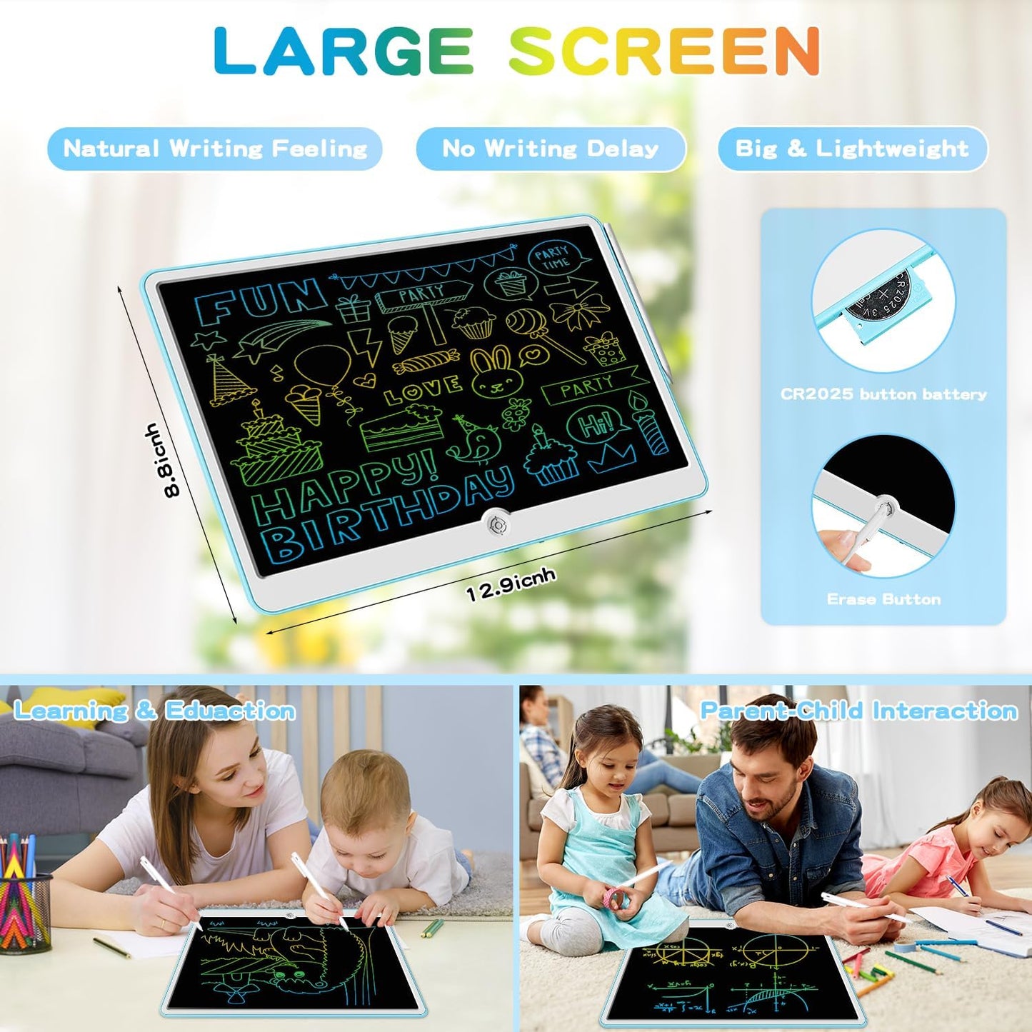 15 Inch LCD Writing Tablet for Kids Ages 3 4 5 6 7 8, Reusable Doodle Board with Stylus Pen Drawing Pad, Educational Travel Toy for Boys & Girls, Ideal Birthday & Holiday Gift