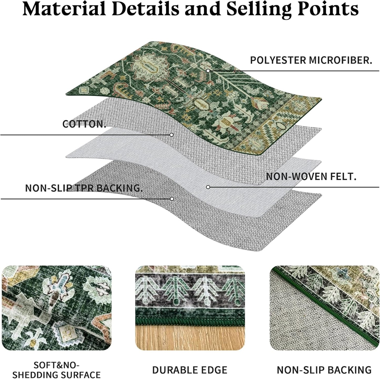 8x10 Area Rugs Washable: Oriental Soft Area Rug for Living Room Bedroom No Shedding - Low Pile Thin Carpet Rug for Dining Room Non Slip - Boho Vintage Rug for Home Decor - Retro Forest Green