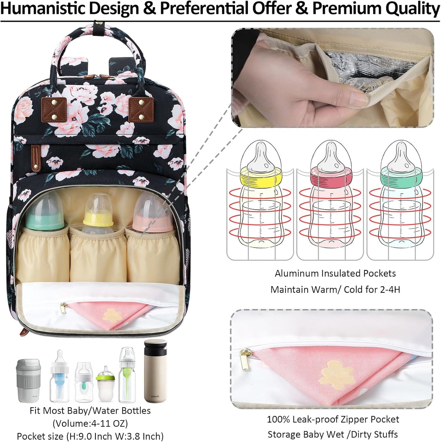 Diaper Bag Backpack Tote for Women Large Capacity with Insulated Pockets Multifunctional Diaper Bags For Baby Girl Boy Waterproof Baby Bags, Maternity Bag Black Pink Floral