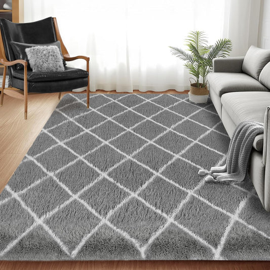 Fluffy Rug for Bedroom, 6X9Feet Stripe Checkered Rug Anti-Skid High Pile for Living Room Bedroom Kids Room Nursery, Dorm Home Decor