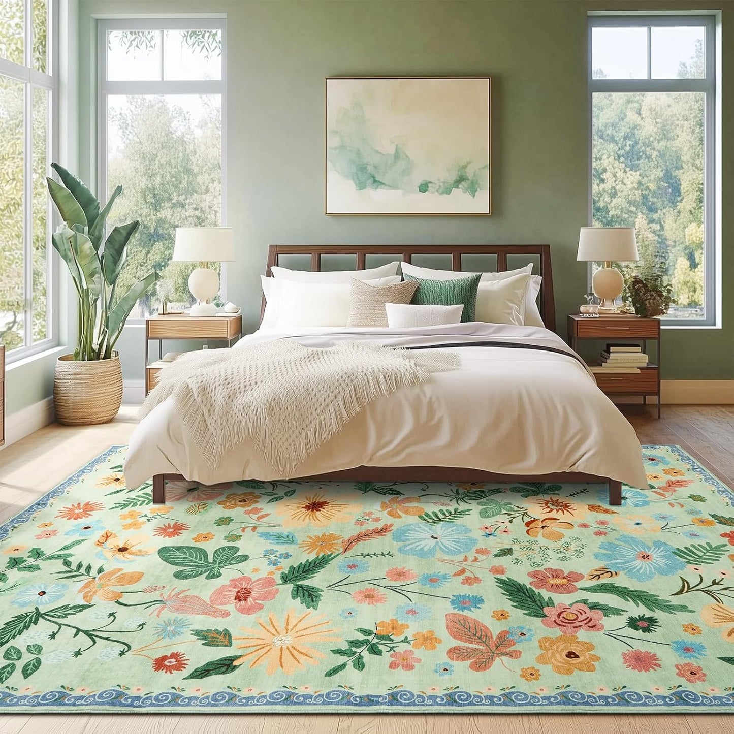 6x9 Area Rugs for Living Room Machine Washable Non Alip Ultra-Thin Spring Garden Area Carpet Soft Boho Vintage Floral Print Sage Green Accent Rugs for Bedroom Family Room Nursery Kids Playroom