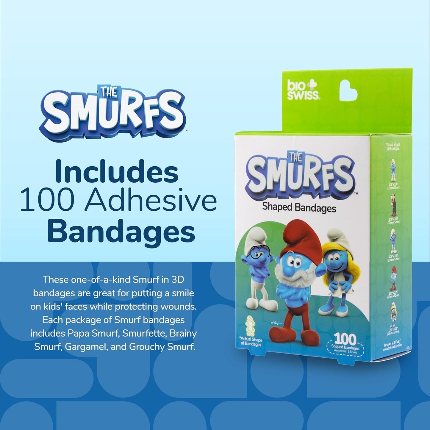 BioSwiss Bandages, The Smurfs Shaped Self Adhesive Bandage, Latex Free Sterile Wound Care, Fun First Aid Kit Supplies for Kids and Adults, 100 Count Box