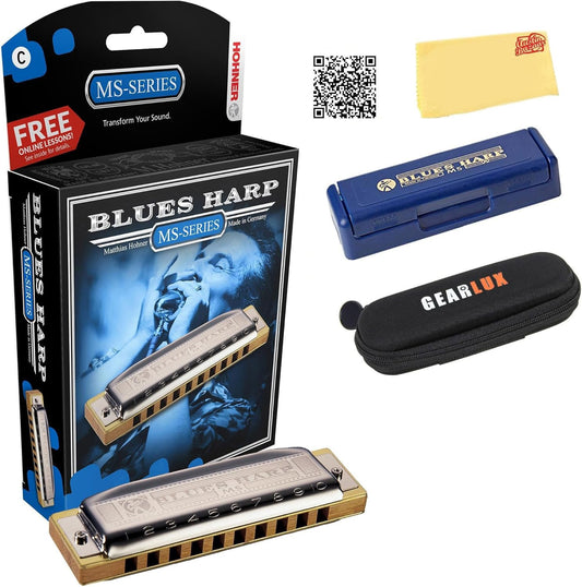 Hohner Harmonica 532 Blues Harp MS - Key of E Bundle with Case, Pouch, Harmonica Beginner Online Manual, and Austin Bazaar Polishing Cloth