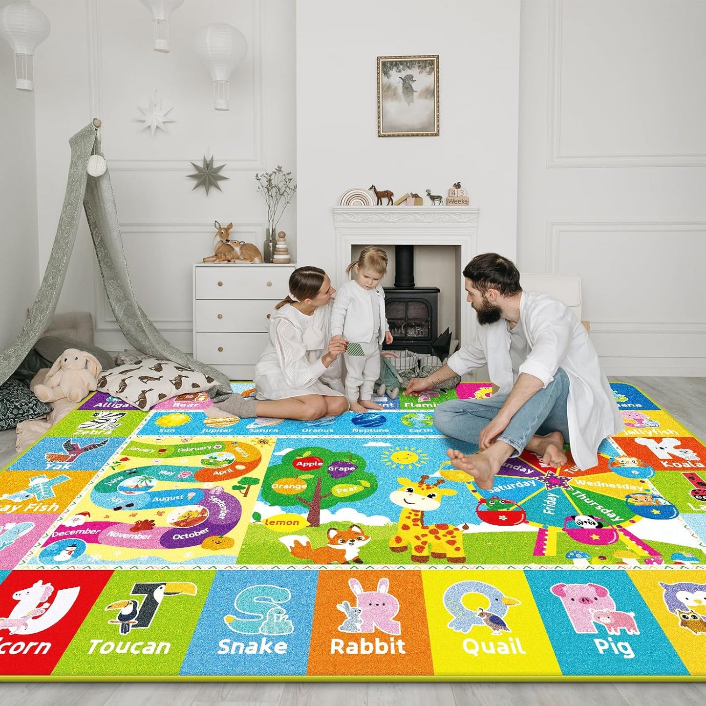 Kids Rug for Playroom, Kids Baby Playmat with Alphabet, Month, Weather, Week and Shapes ABC Educational Rug, Play Mat Carpet for Bedroom Classroom (110.2X78.7 INCH, Ferris Wheel)