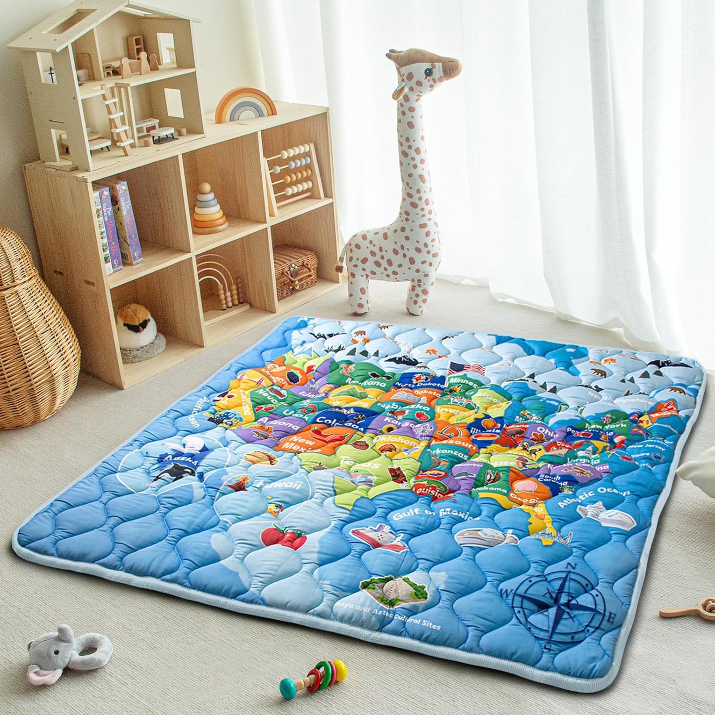 Baby Play Mat, 50x50 Playpen Mat with Super Soft Touch, Thick Activity Mat with Upgraded Anti-Slip Bottom, Machine Washable Crawling Mat for Floor & Picnic (Map)