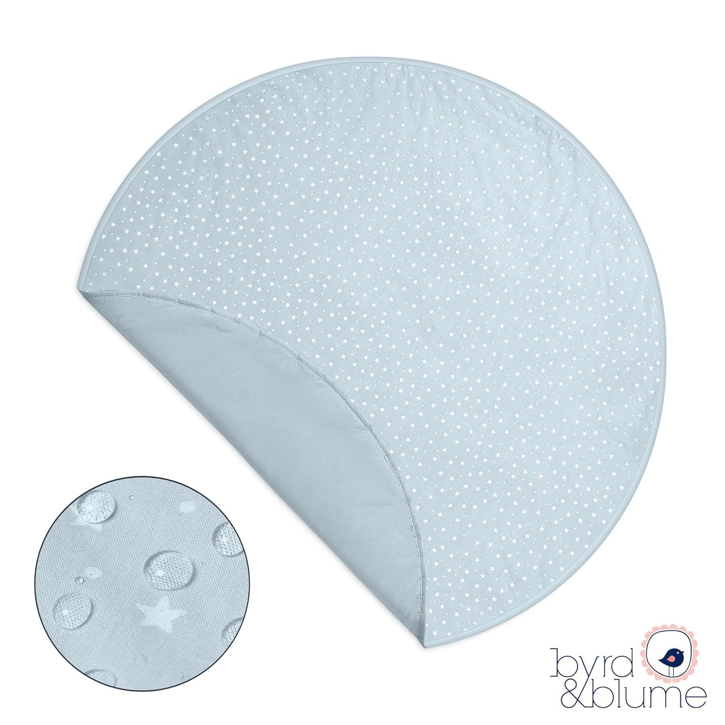 Byrd & Blume Round Baby Play Mat, Organic Cotton Soft Padded Nursery Floor Mat, Safe Hypoallergenic Baby Mat, Reversible, Foldable, Portable Infant Tummy Time Mat Fits Tents & Playpens (40"x40") Blue
