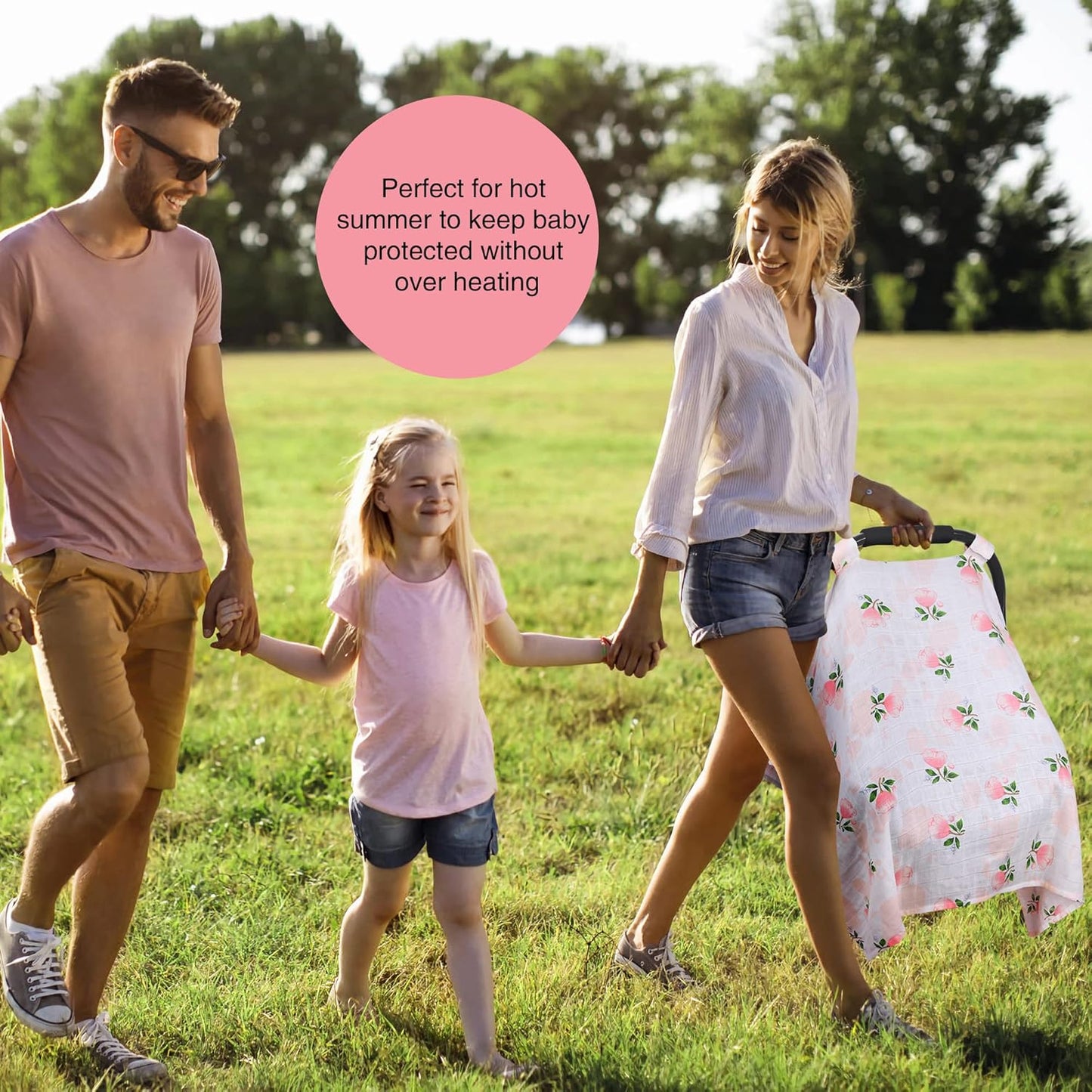 Rquite Car Seat Covers for Babies - 100% Muslin, Lightweight, Soft, Breathable Baby Carrier Cover - Summer Stroller Canopy (Pink Flower)