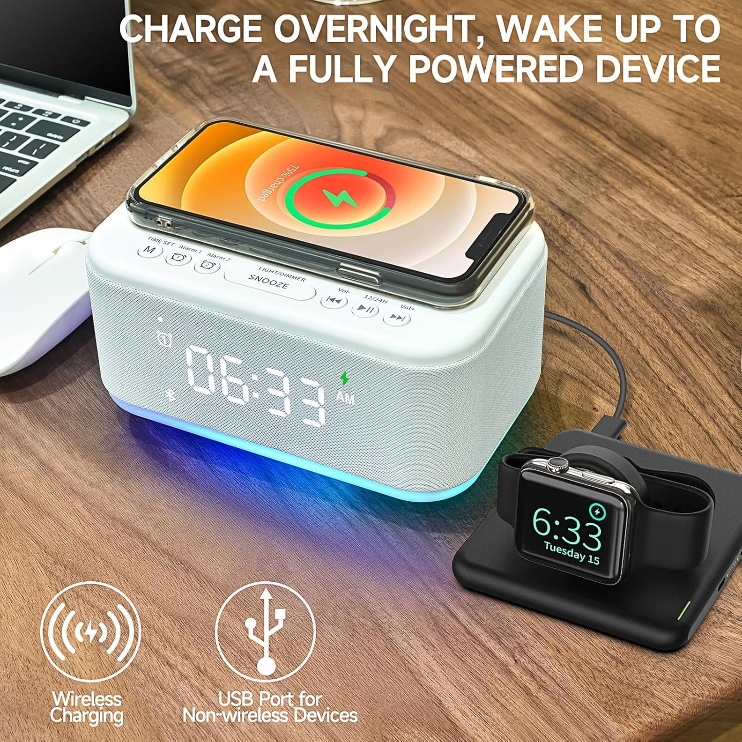 Alarm Clock Speaker Wireless Charger, Digital Alarm Clocks Bedrooms Bluetooth, Alarm Clock Dimmable Light Bedrooms Dual Alarm Snooze Dimmer 12 24H RGB Night Light Bluetooth USB AUX, White
